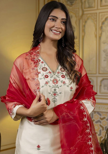 Designer Ivory Suit with Scarlet Sheer Dupatta and Floral Embroidery