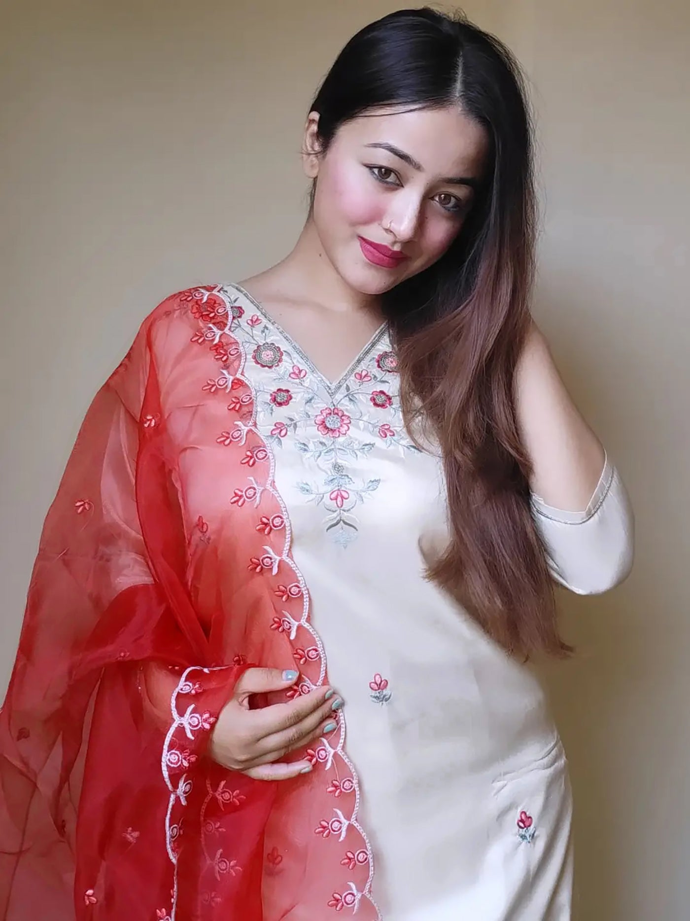 Designer Ivory Suit with Scarlet Sheer Dupatta and Floral Embroidery