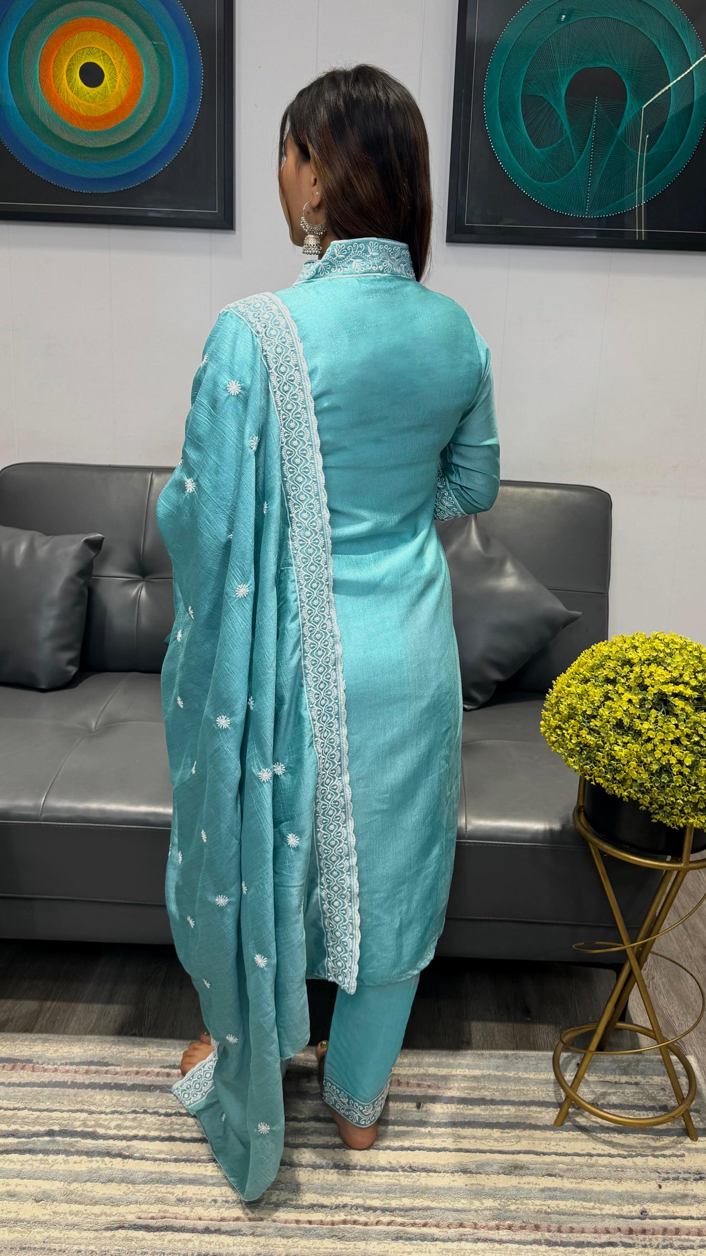 Designer Sky Blue Thread Embroidery Work Suits Set  With Work Dupatta