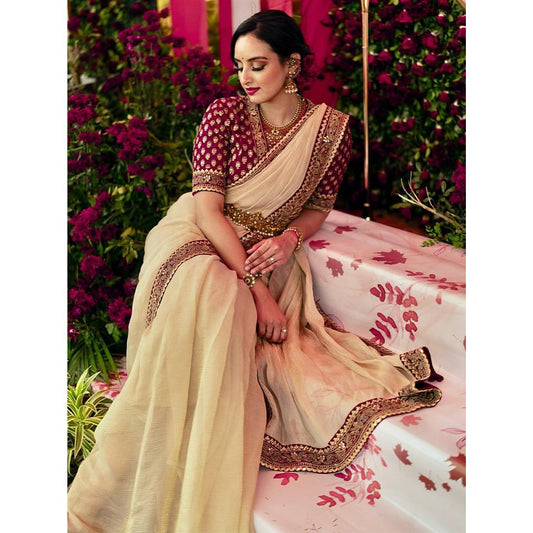 Premium Sequins Jardoshi Lace Work Crush Banarasi Silk Saree With Heavy Emboridery Work Blouse Piece