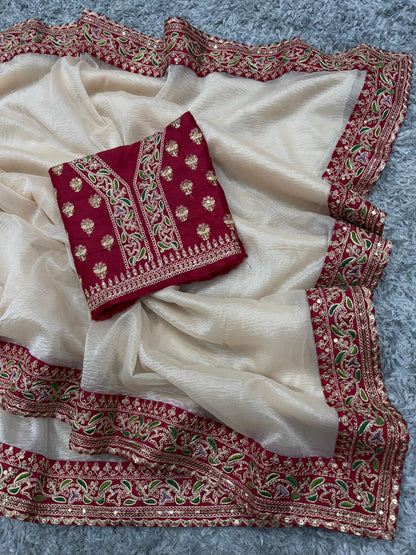 Premium Sequins Jardoshi Lace Work Crush Banarasi Silk Saree With Heavy Emboridery Work Blouse Piece