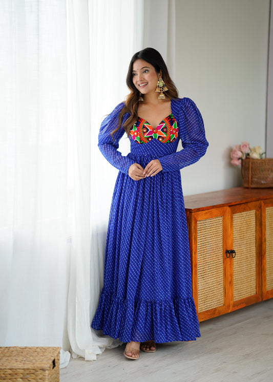 Mirror Patch Work Bandhani Puff Sleeve Gown