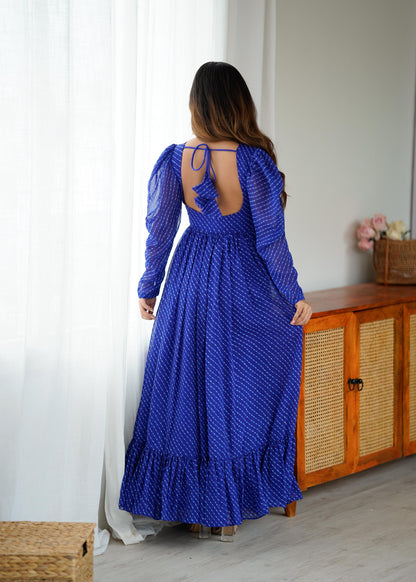 Mirror Patch Work Bandhani Puff Sleeve Gown