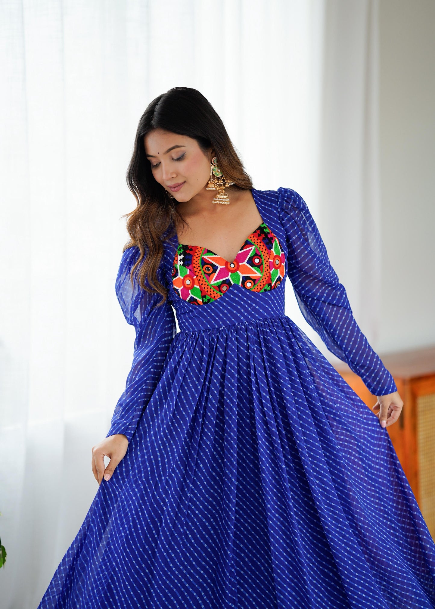 Mirror Patch Work Bandhani Puff Sleeve Gown