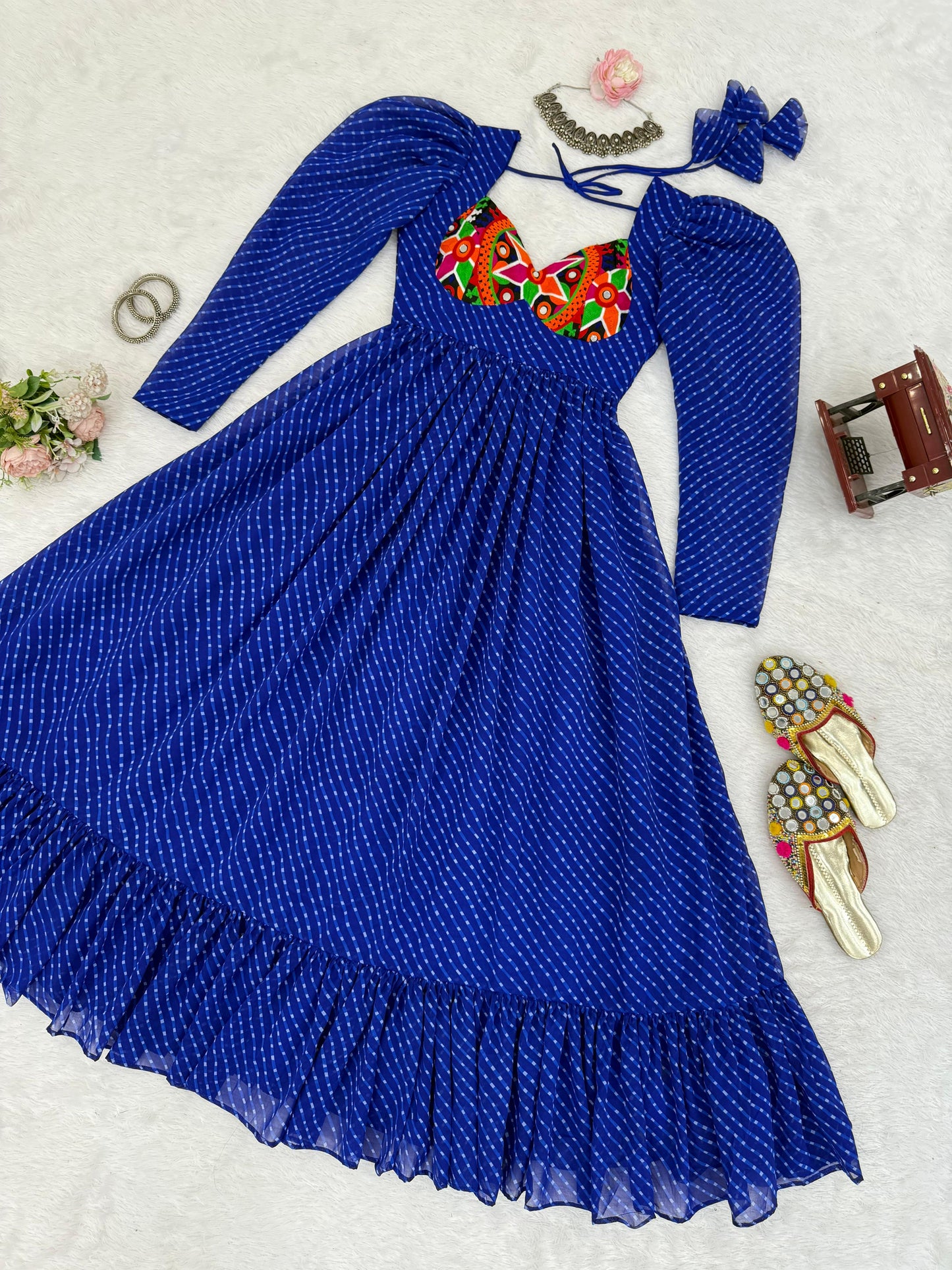 Mirror Patch Work Bandhani Puff Sleeve Gown