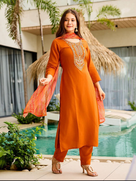 Women's Rayon Embroidered and Printed Straight Kurta with Pant And Dupatta Sets