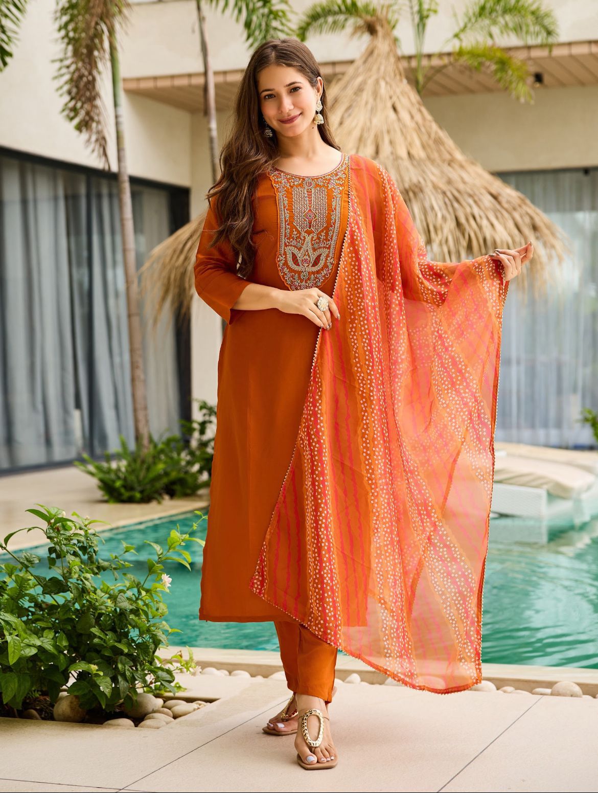 Women's Rayon Embroidered and Printed Straight Kurta with Pant And Dupatta Sets