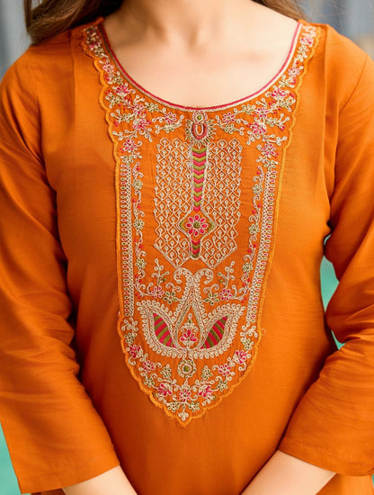 Women's Rayon Embroidered and Printed Straight Kurta with Pant And Dupatta Sets
