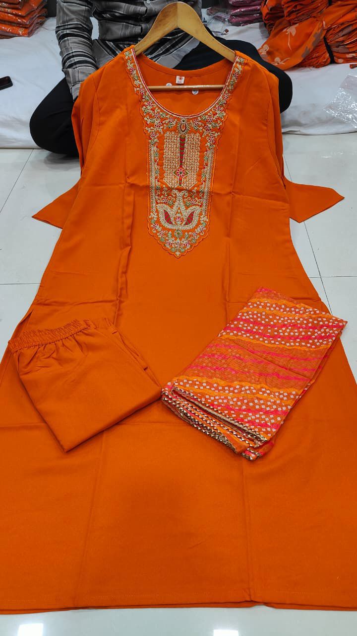 Women's Rayon Embroidered and Printed Straight Kurta with Pant And Dupatta Sets