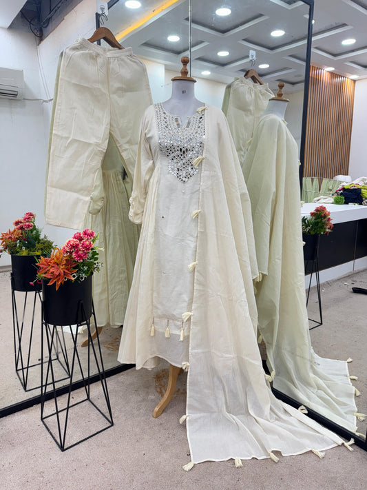 Classic White 3-Piece Set – Khadi Cotton Gown, Bottom & Tassel Dupatta