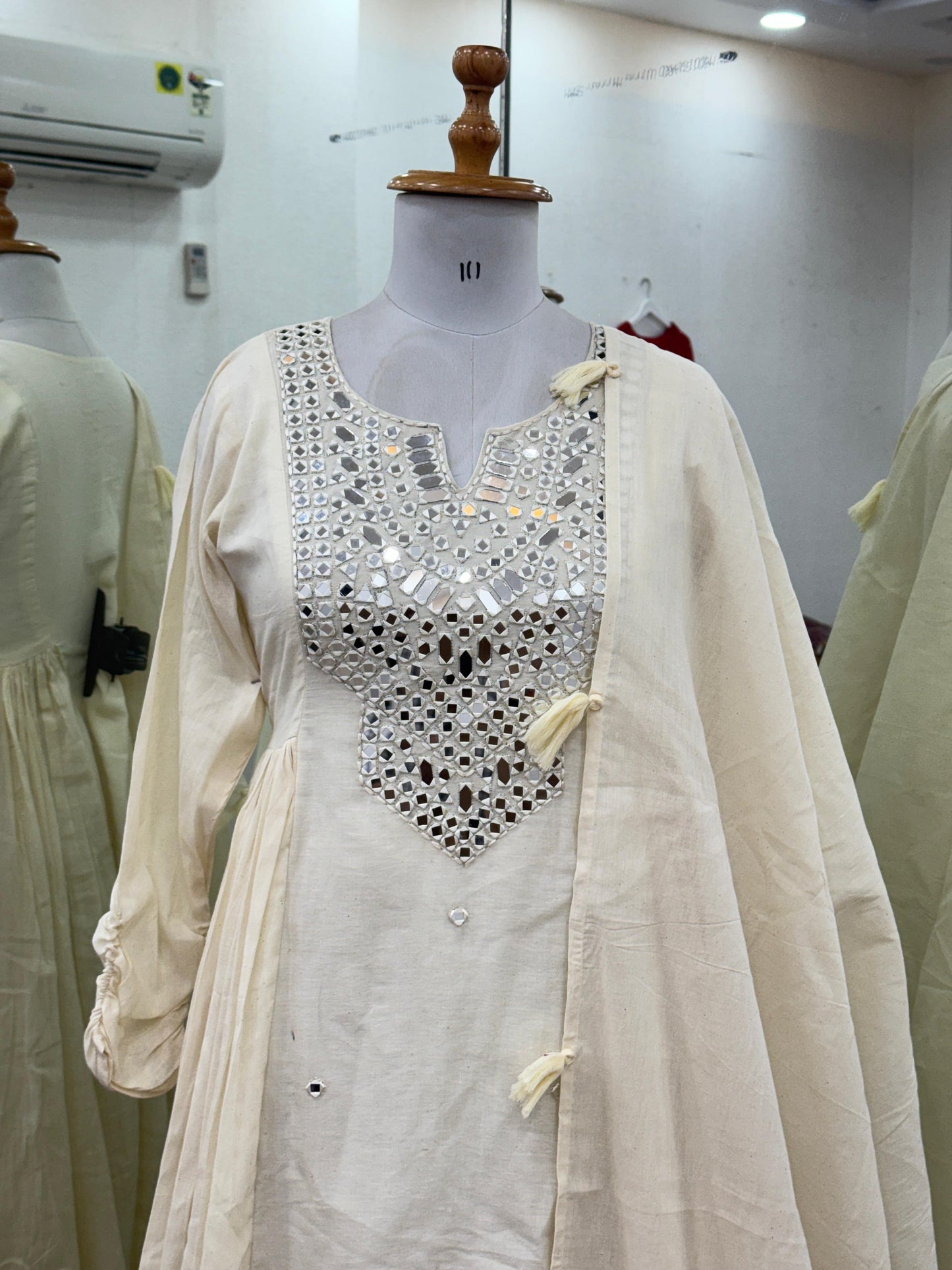 Classic White 3-Piece Set – Khadi Cotton Gown, Bottom & Tassel Dupatta