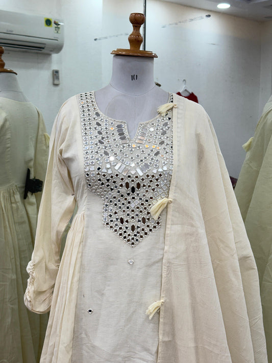Classic White 3-Piece Set – Khadi Cotton Gown, Bottom & Tassel Dupatta