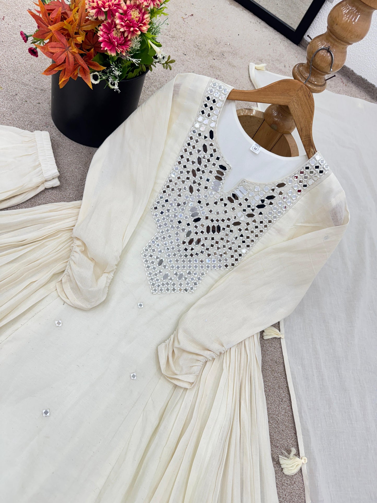 Classic White 3-Piece Set – Khadi Cotton Gown, Bottom & Tassel Dupatta