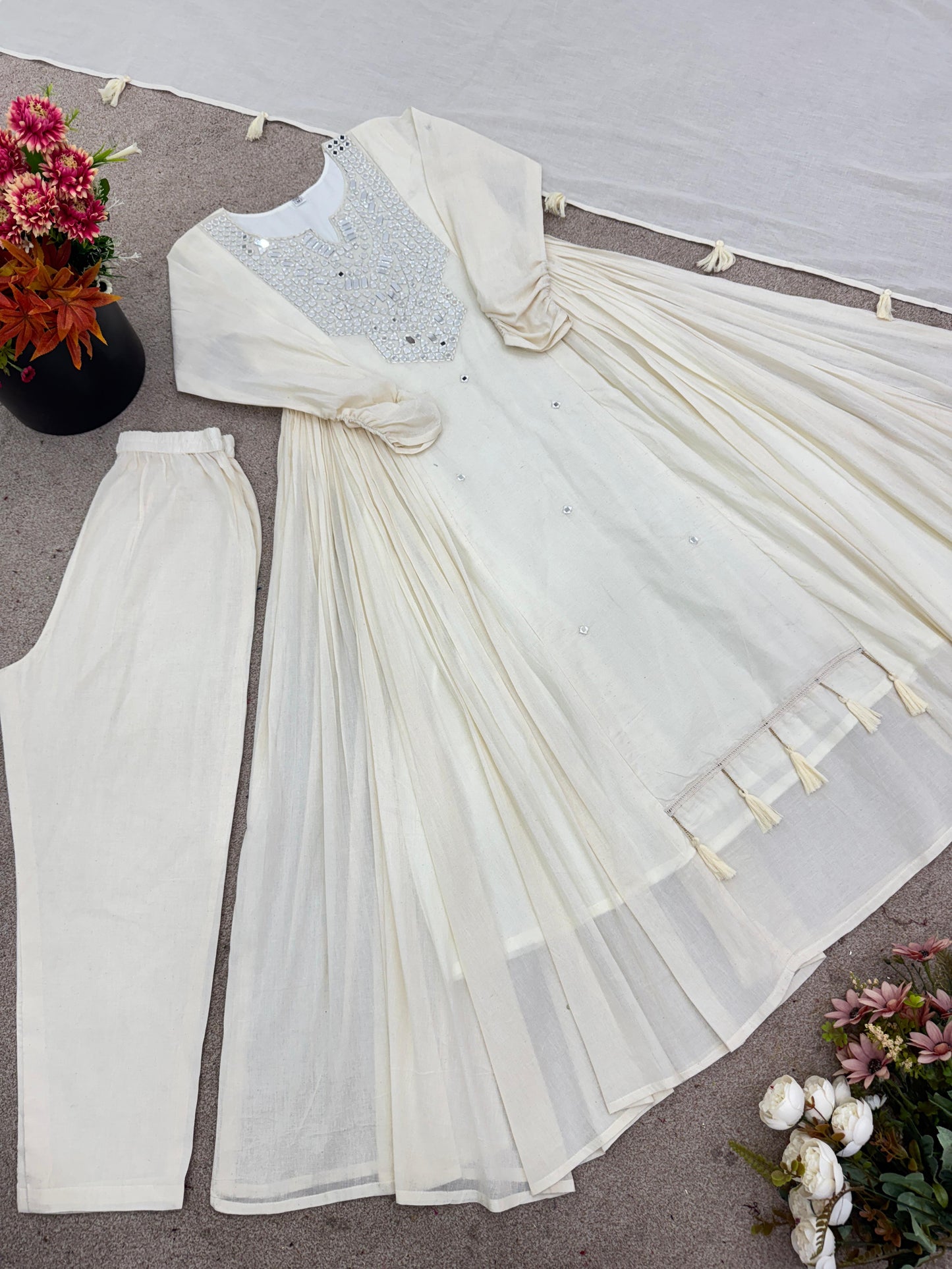 Classic White 3-Piece Set – Khadi Cotton Gown, Bottom & Tassel Dupatta
