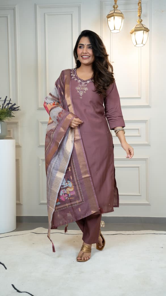 Wedding Edit 2025 – Elegant Mauve Kurta with Luxe Woven Dupatta