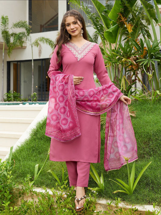 Women's Rayon Embroidered and Printed Straight Kurta with Pant And Dupatta Sets