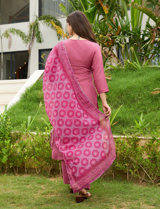 Women's Rayon Embroidered and Printed Straight Kurta with Pant And Dupatta Sets