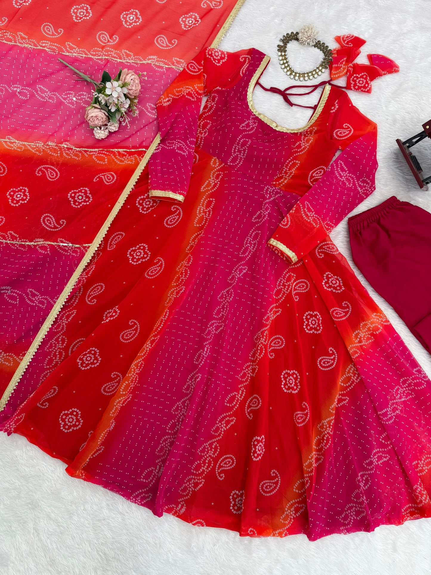 Lovely Bandhni  3 Pic Set With Lace Work - Crafted For Comfort, Stitched With Grace.