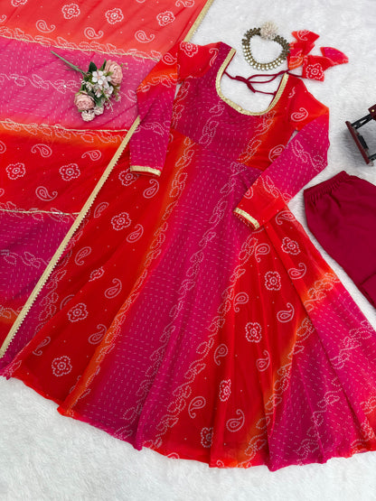 Lovely Bandhni  3 Pic Set With Lace Work - Crafted For Comfort, Stitched With Grace.