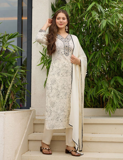 Women's Rayon Embroidered and Printed Straight Kurta with Pant And Dupatta Sets