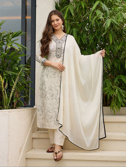 Women's Rayon Embroidered and Printed Straight Kurta with Pant And Dupatta Sets