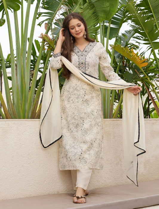 Women's Rayon Embroidered and Printed Straight Kurta with Pant And Dupatta Sets