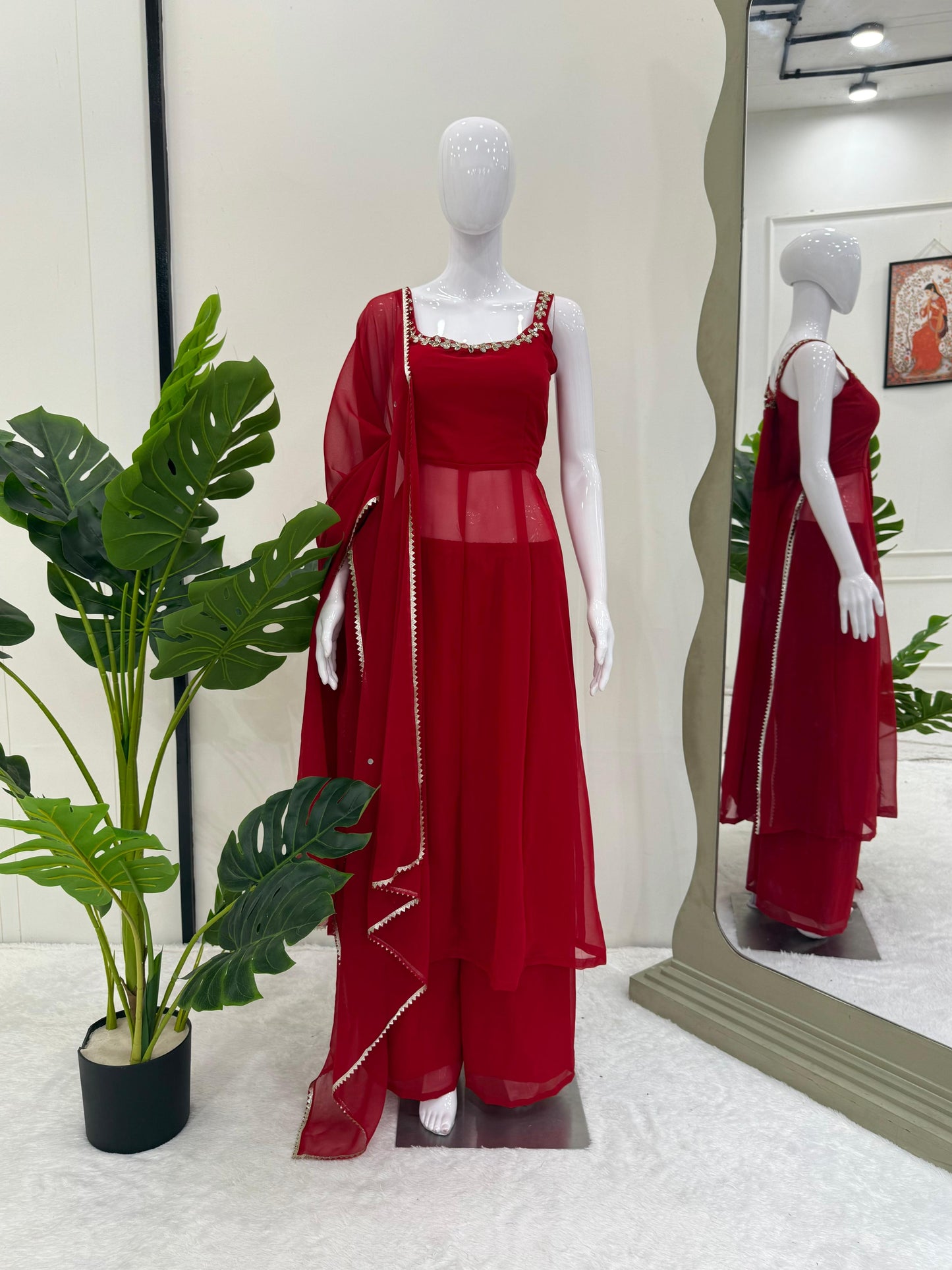 Romantic Kurti And Plazzo Suite Set With Mirrow Hand Work