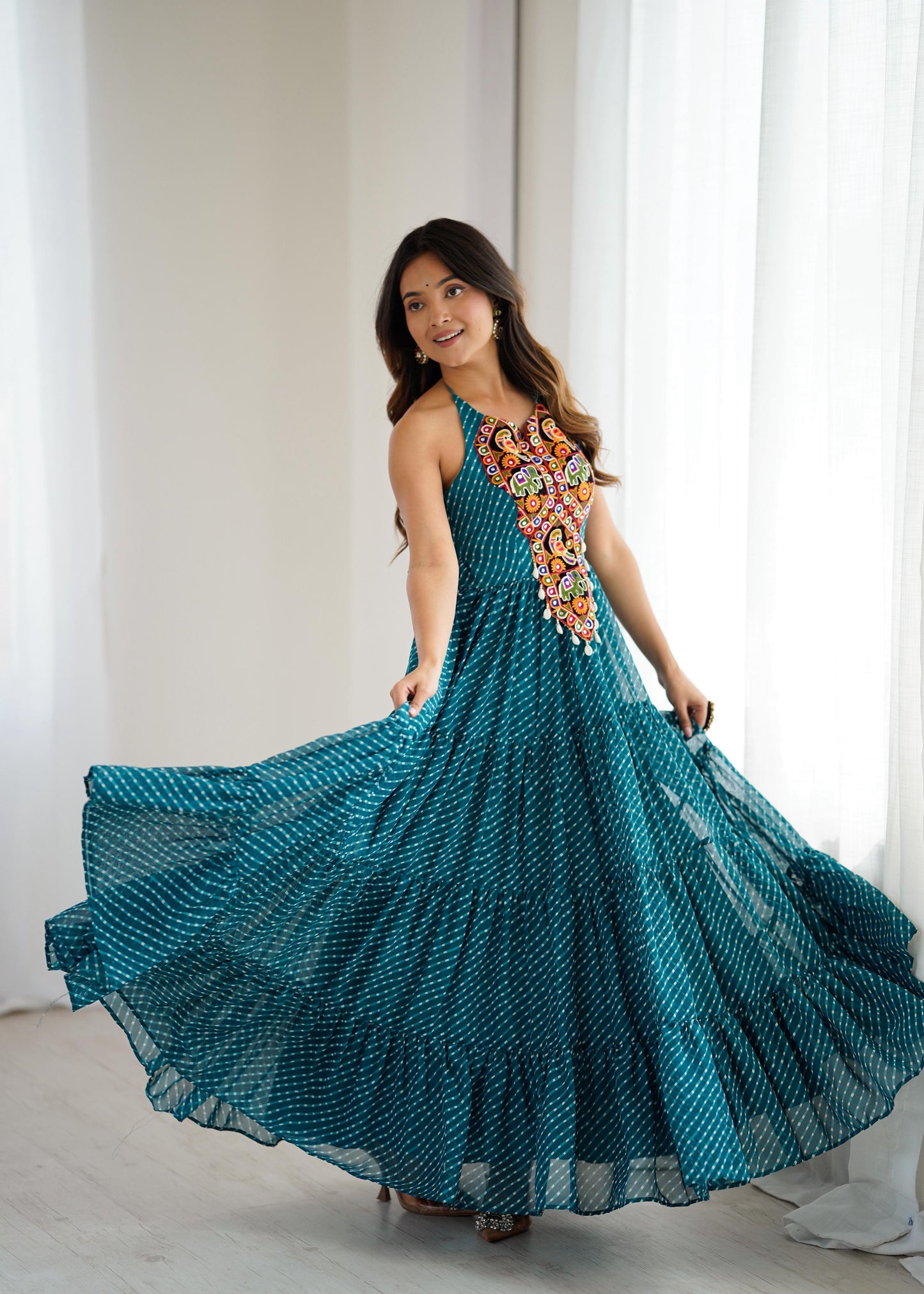 Smiling Leheriya Bandhni Kutchi gamthi Work Sleeveless Gown For Navratri