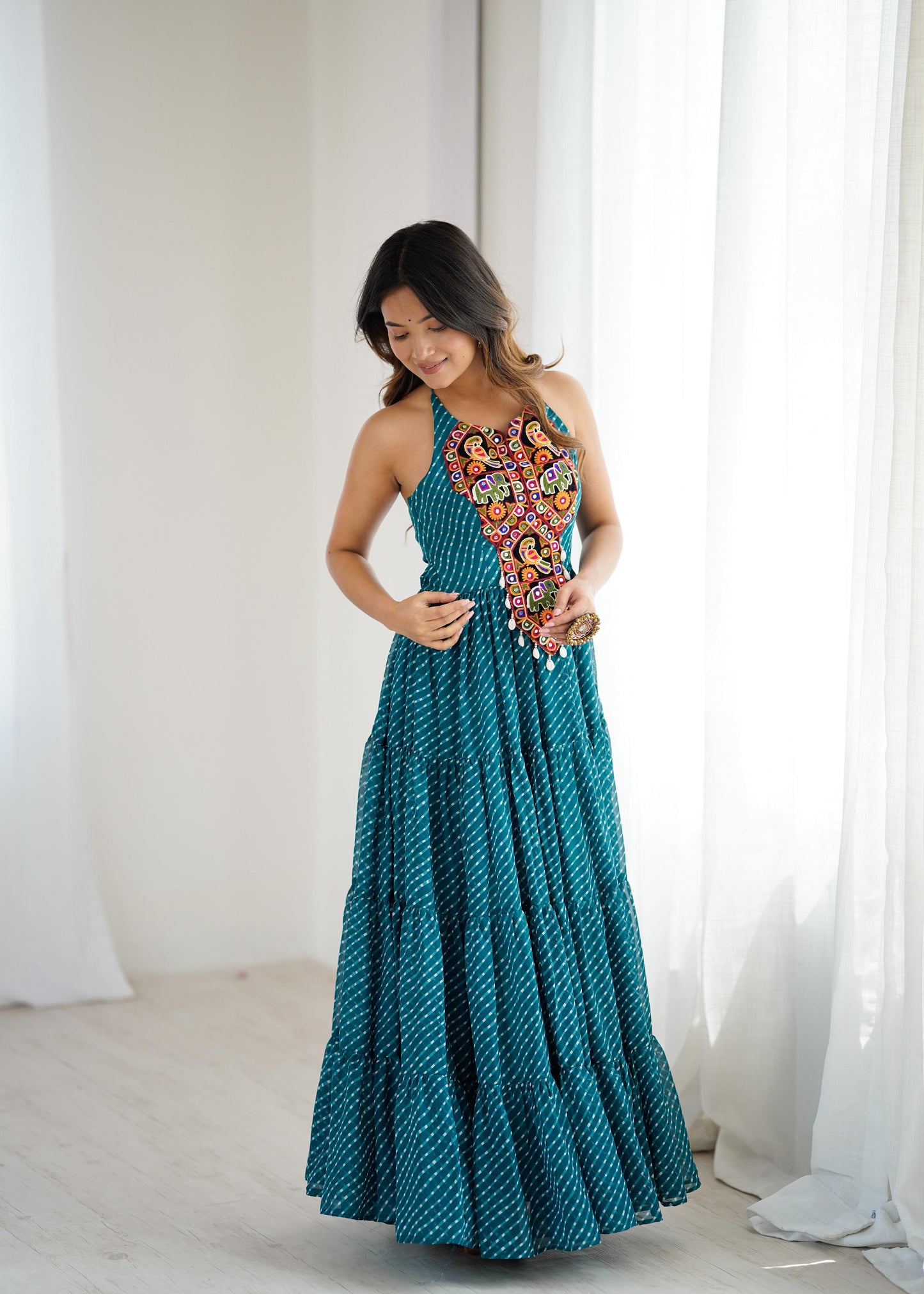 Smiling Leheriya Bandhni Kutchi gamthi Work Sleeveless Gown For Navratri
