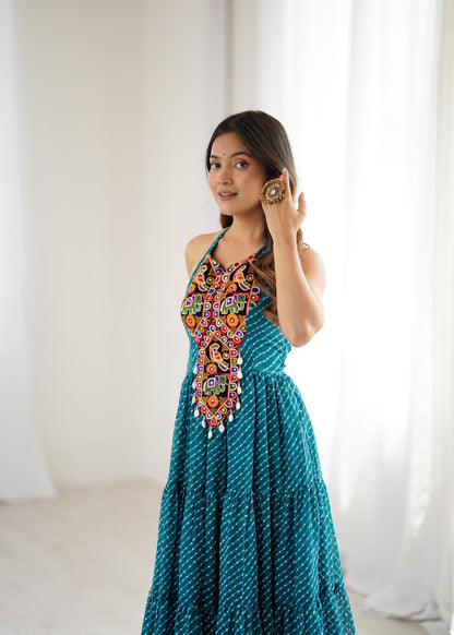 Smiling Leheriya Bandhni Kutchi gamthi Work Sleeveless Gown For Navratri
