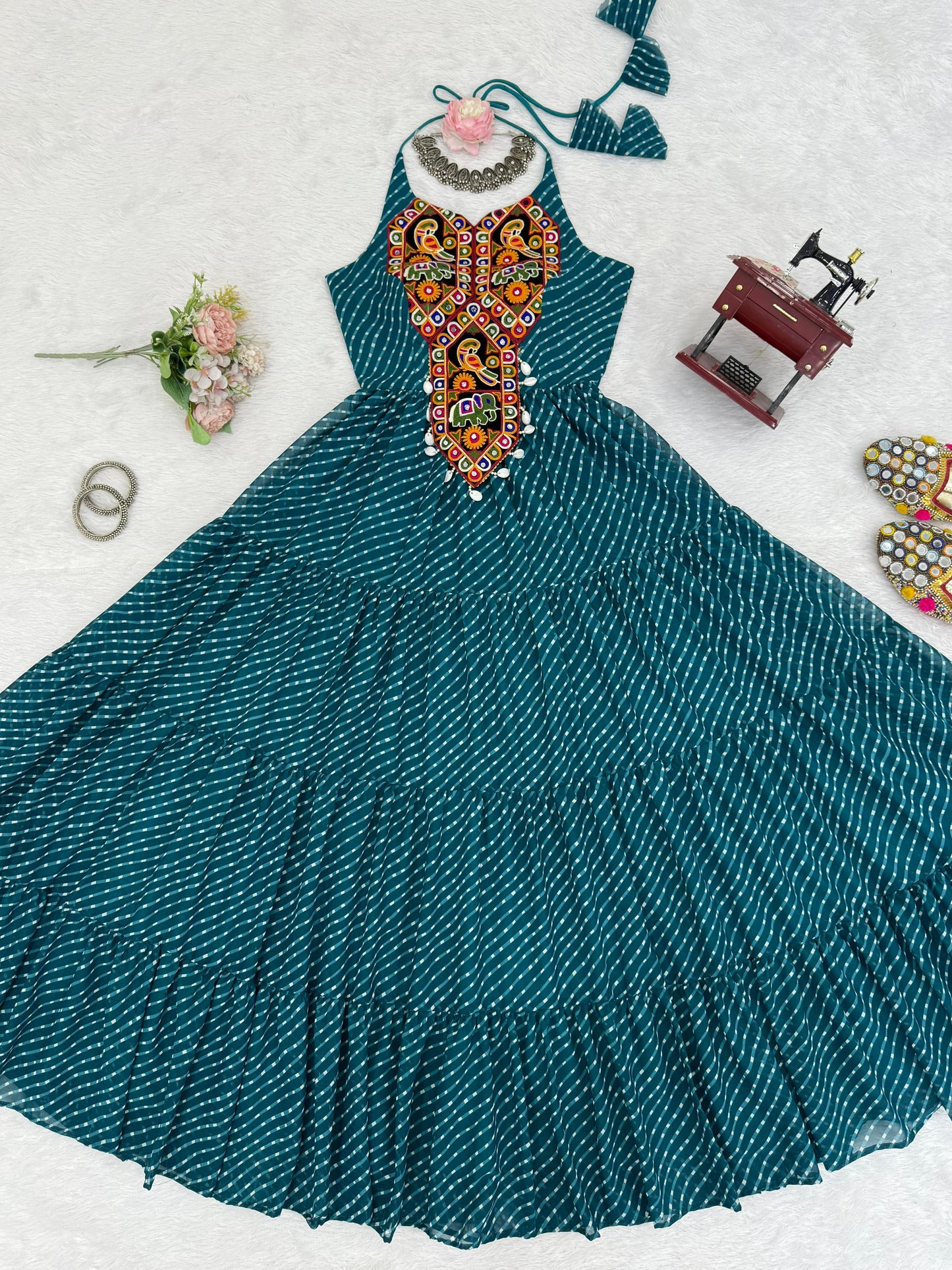 Smiling Leheriya Bandhni Kutchi gamthi Work Sleeveless Gown For Navratri