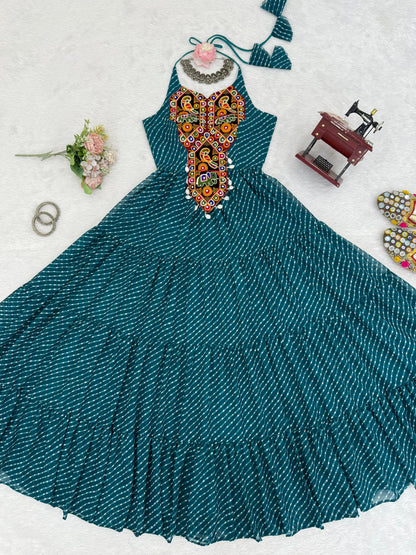 Smiling Leheriya Bandhni Kutchi gamthi Work Sleeveless Gown For Navratri