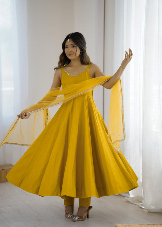 Designer Mustard Yellow Flared Anarkali Dress for Women - Festive aND Party Ready