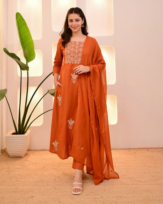 Pure Mulmul Cotton Embroidered Kurti Payjama Set With Dupatta
