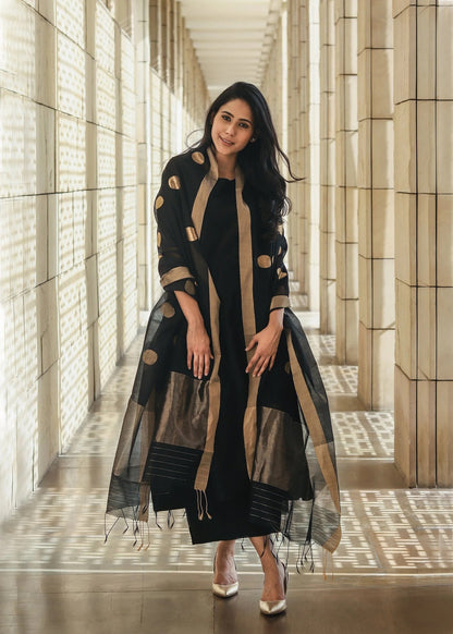 Black Edition - Hot Selling Golden Polka Dot Work Dupatta With Suits Set
