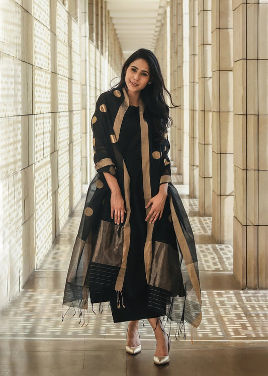 Black Edition - Hot Selling Golden Polka Dot Work Dupatta With Suits Set