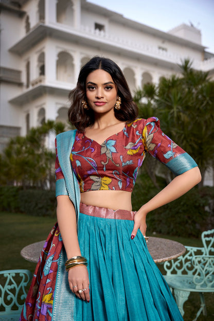 Beautiful Kalamkari Tusser Silk Lehenga Choli Set – GenZ 2025 Festive Wear
