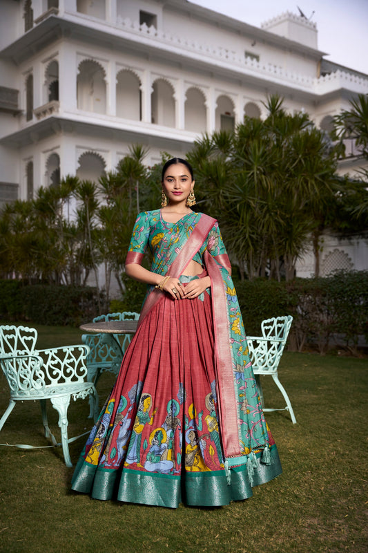 Beautiful Kalamkari Tusser Silk Lehenga Choli Set – GenZ 2025 Festive Wear