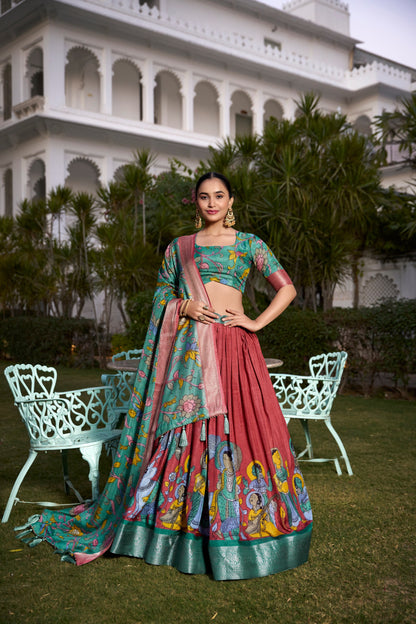 Beautiful Kalamkari Tusser Silk Lehenga Choli Set – GenZ 2025 Festive Wear