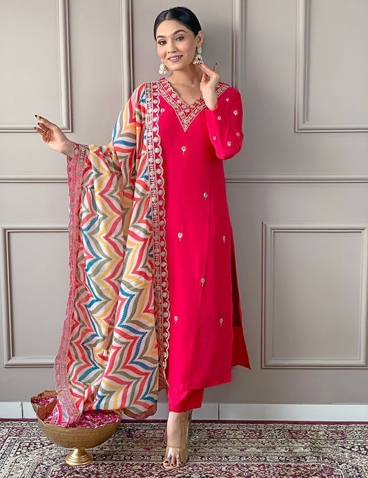 Hot Pink Booti Embroidery Work Suit Set With Multicolor Chevron Dupatta