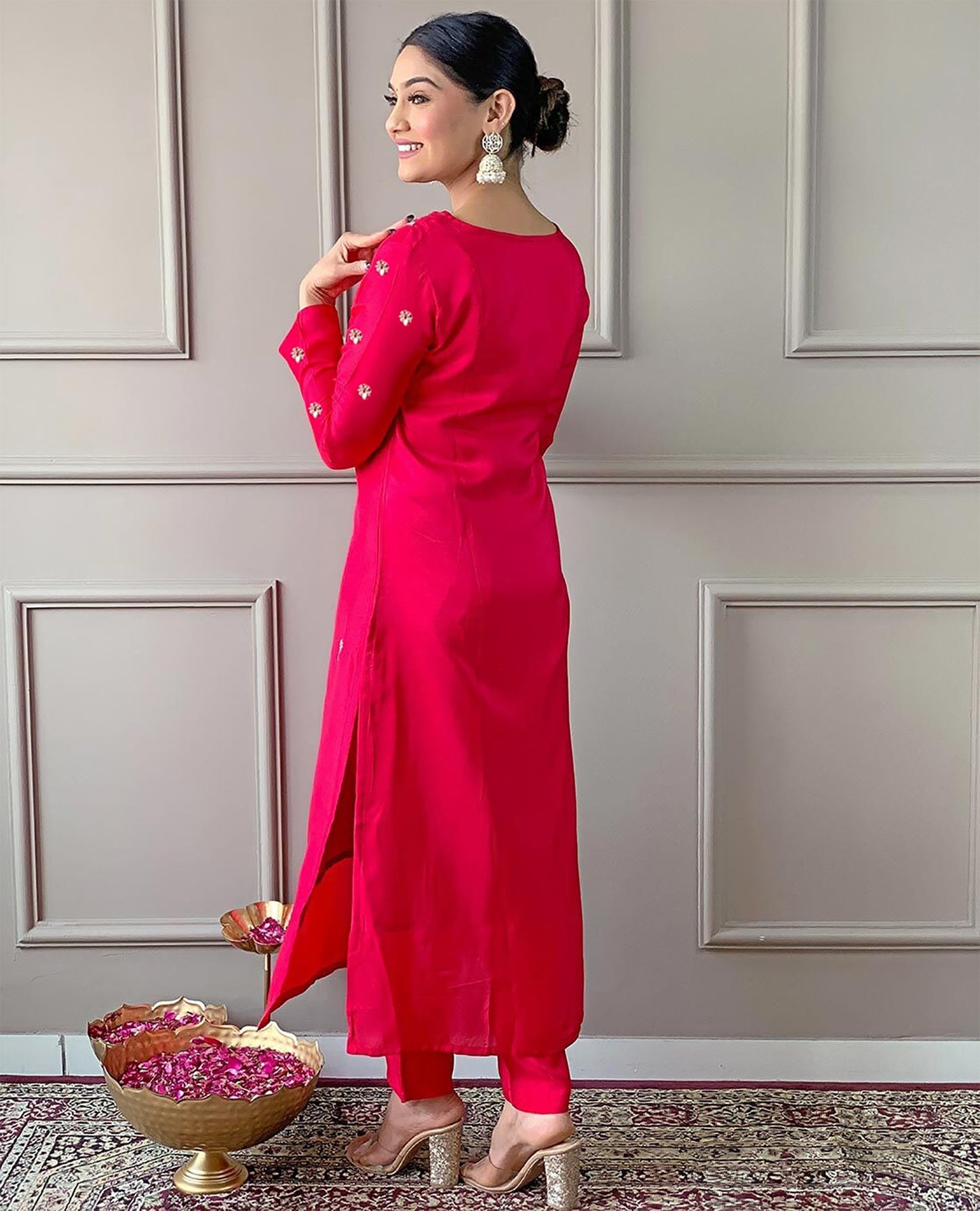 Hot Pink Booti Embroidery Work Suit Set With Multicolor Chevron Dupatta