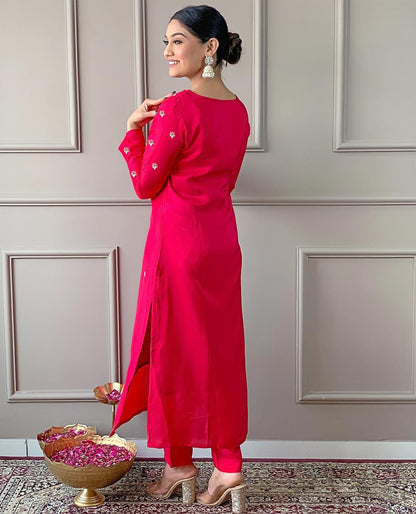 Hot Pink Booti Embroidery Work Suit Set With Multicolor Chevron Dupatta