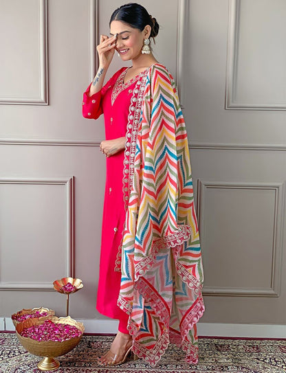 Hot Pink Booti Embroidery Work Suit Set With Multicolor Chevron Dupatta
