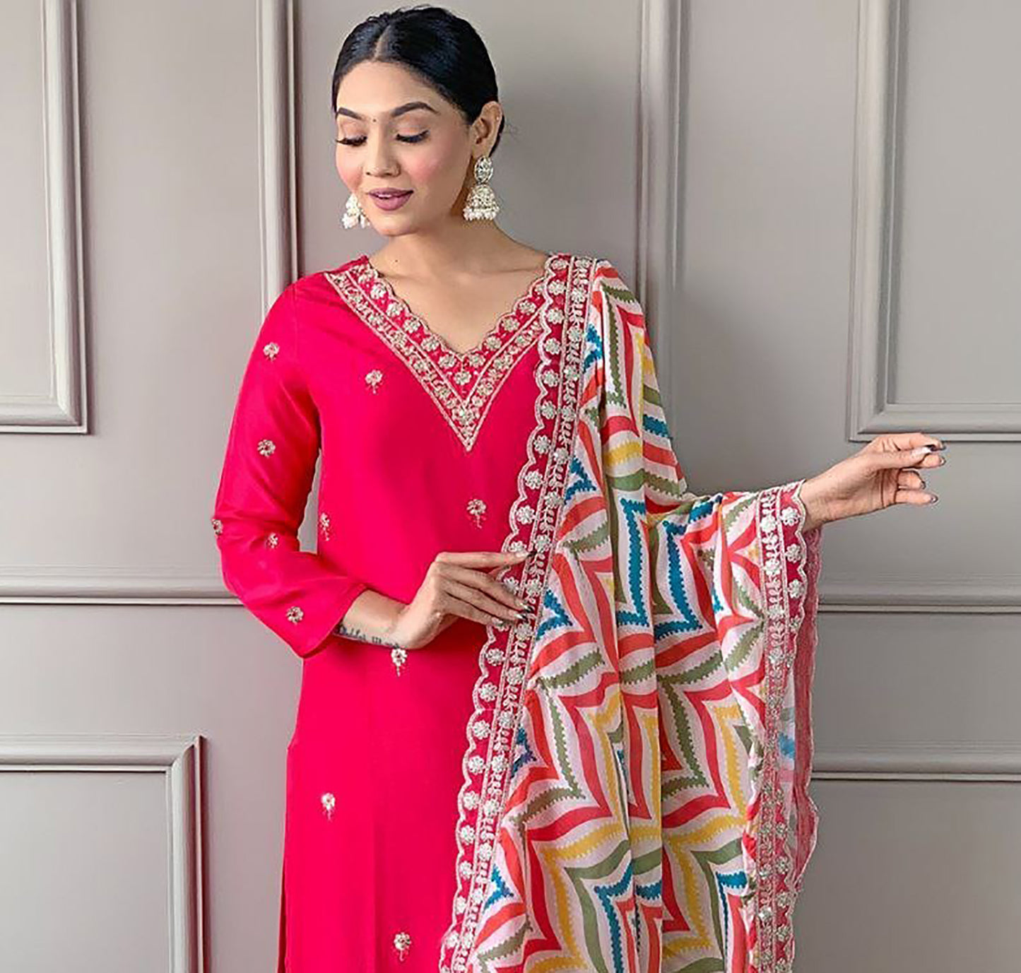 Hot Pink Booti Embroidery Work Suit Set With Multicolor Chevron Dupatta