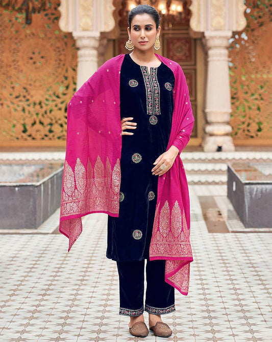 Classic Embro Work Velvet Kurti Suits Sets With jacquard Work Dupatta