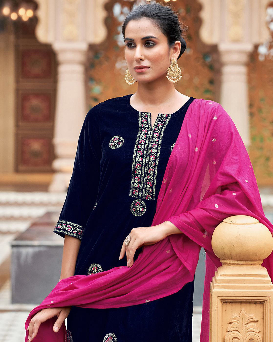 Classic Embro Work Velvet Kurti Suits Sets With jacquard Work Dupatta
