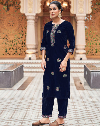 Classic Embro Work Velvet Kurti Suits Sets With jacquard Work Dupatta