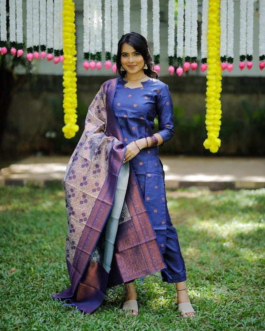 Luxe Jacquard Work 3/4 Sleeve Kurti Suits Set With Premium work Dupatta